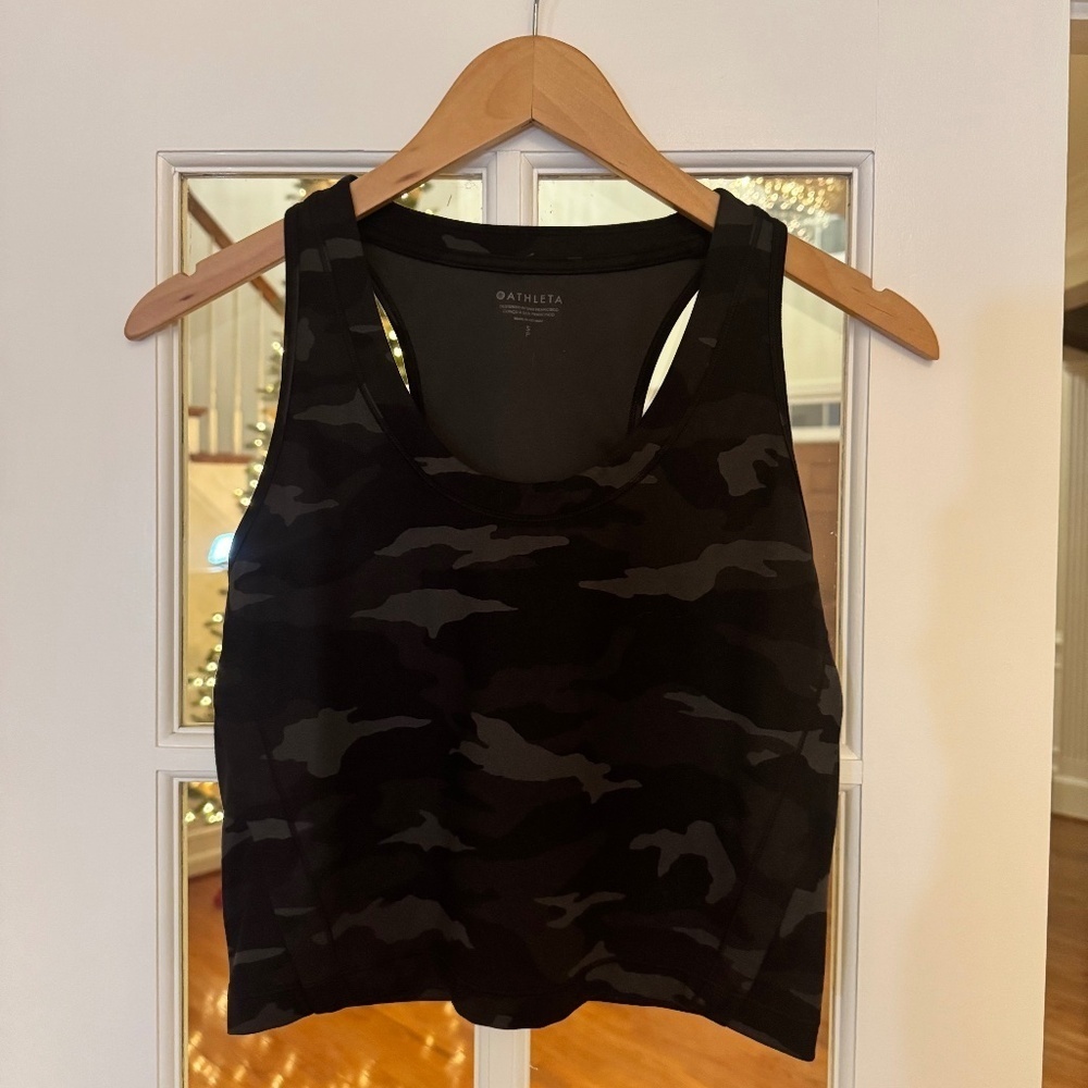 ATHLETA SHANTI CAMO CROP TANK TOP, SIZE XS, BLACK/GRAY CAMO - Picture 3 of 4